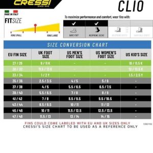 مقاسات زعانف سباحة كريسي كليو Cressi Clio Fins الإيطالية